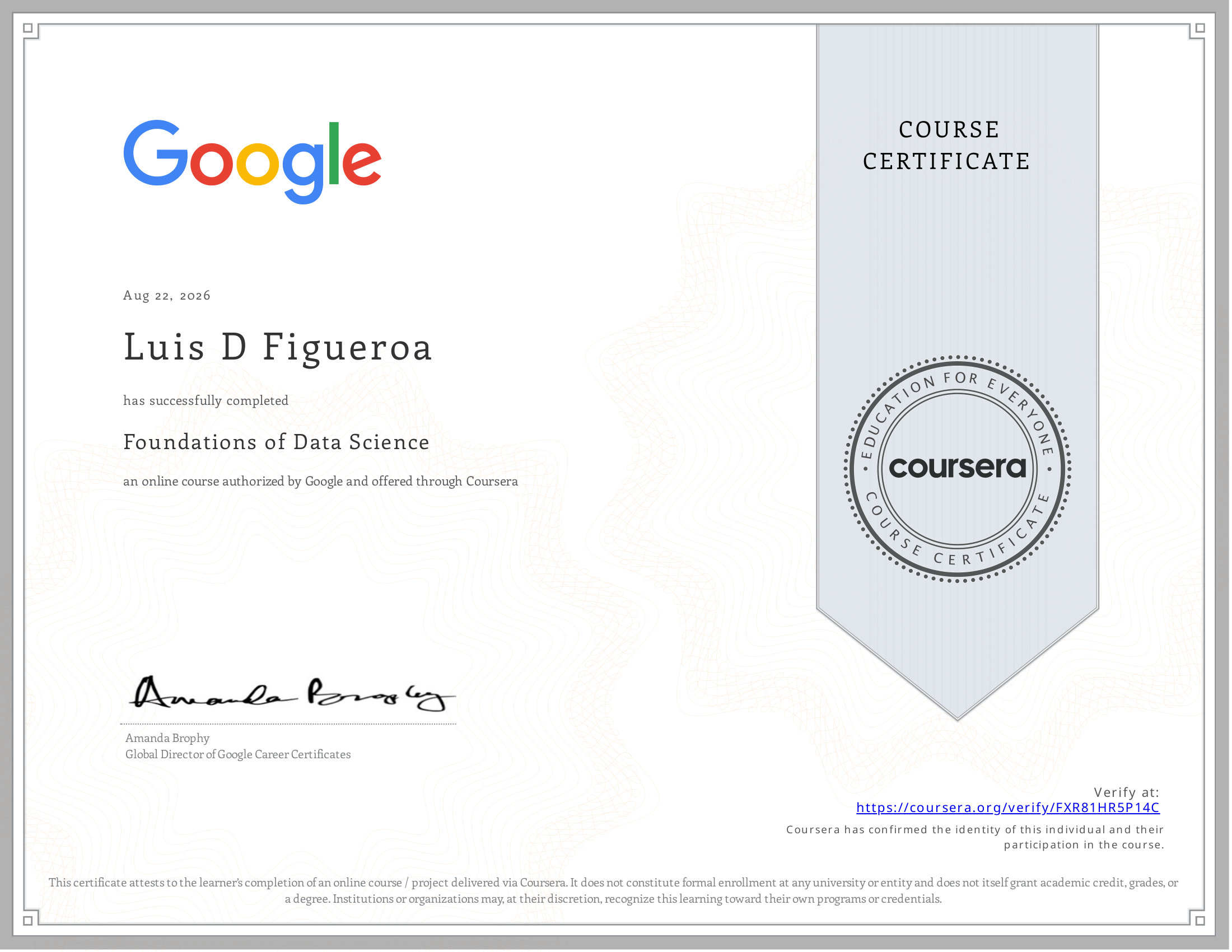 Foundations of Data Science certificate