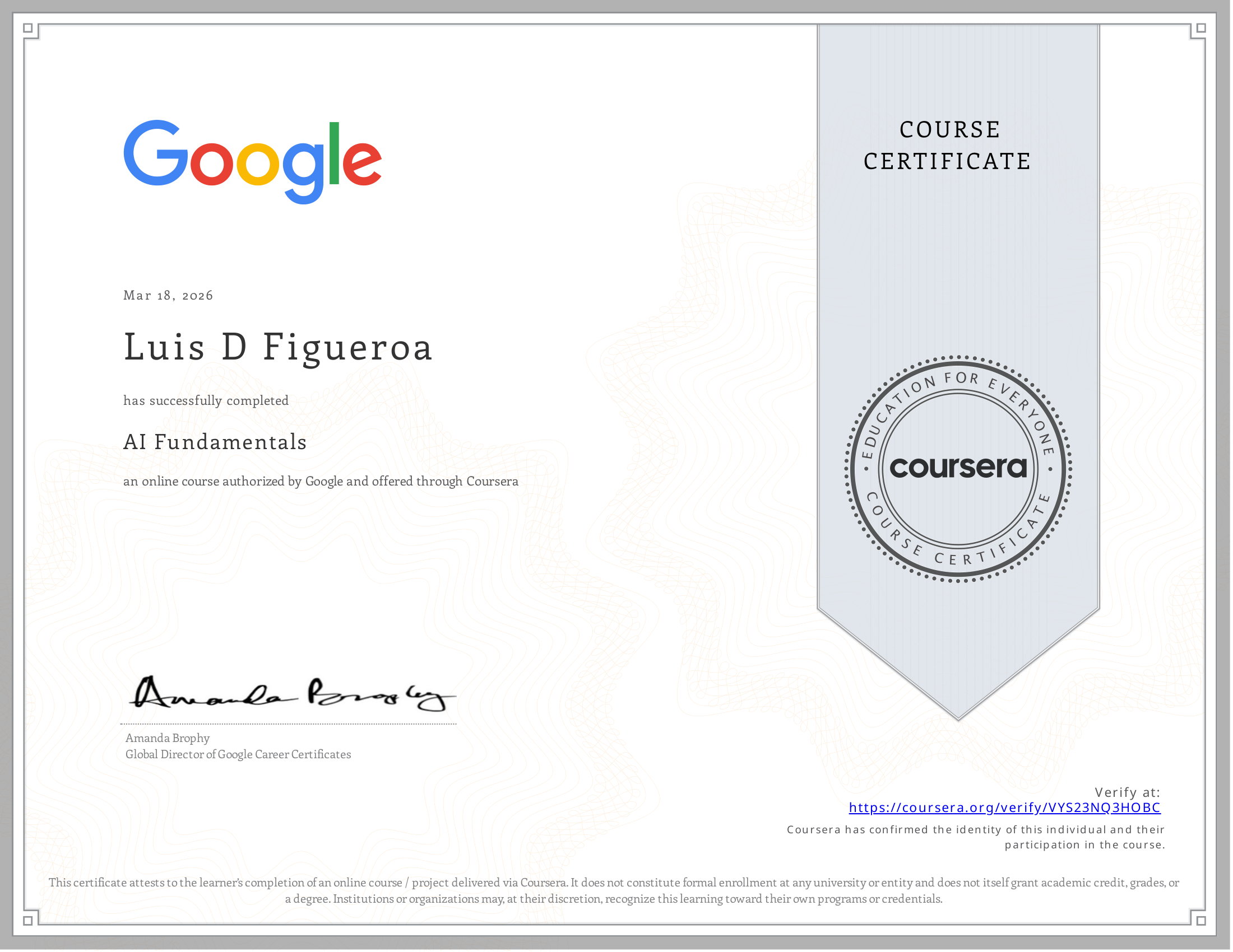 AI Fundamentals certificate