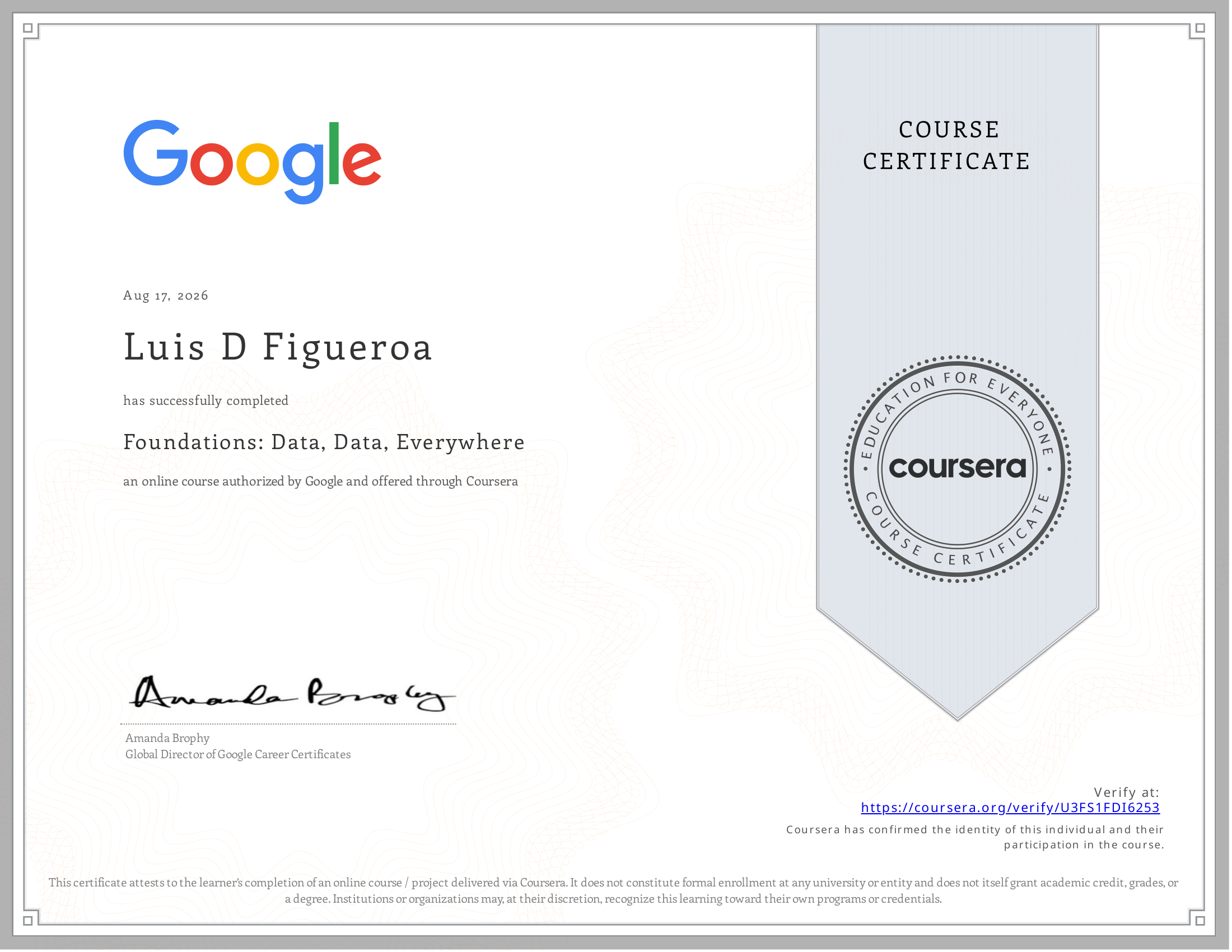 Foundations: Data, Data, Everywhere certificate