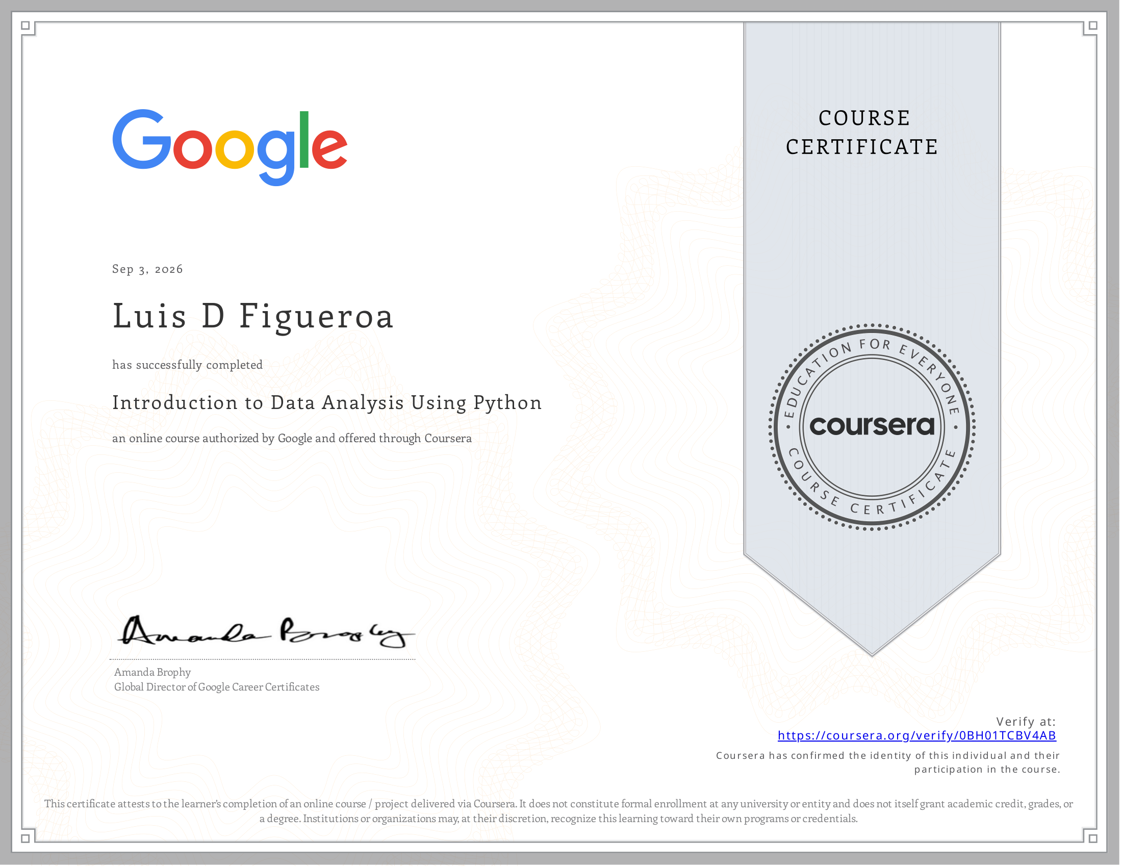 Introduction to Data Analysis Using Python certificate