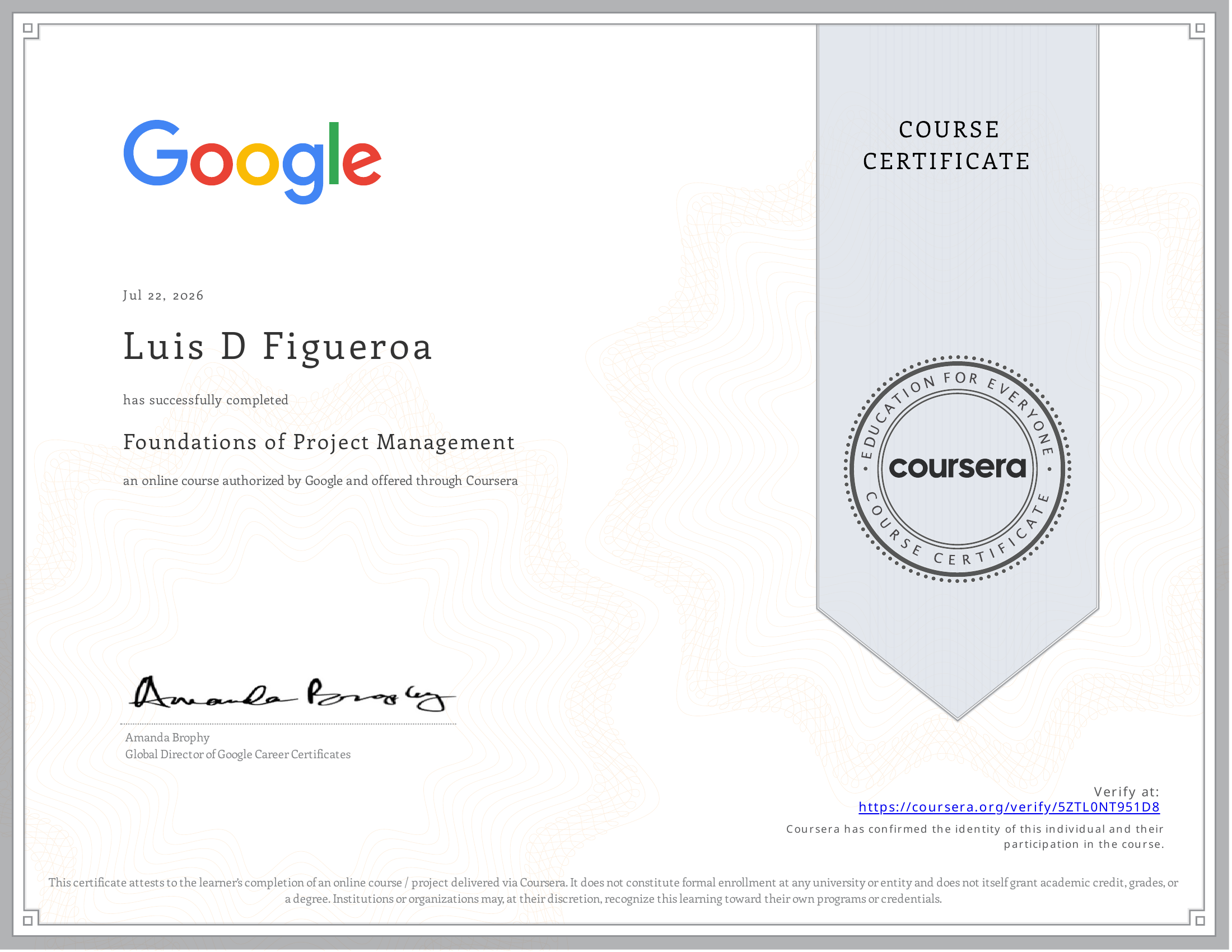Foundations of Project Management certificate