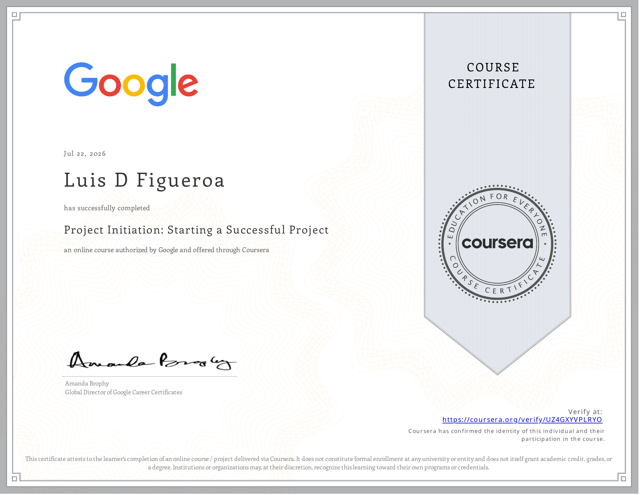 Project Initiation: Starting a Successful Project certificate