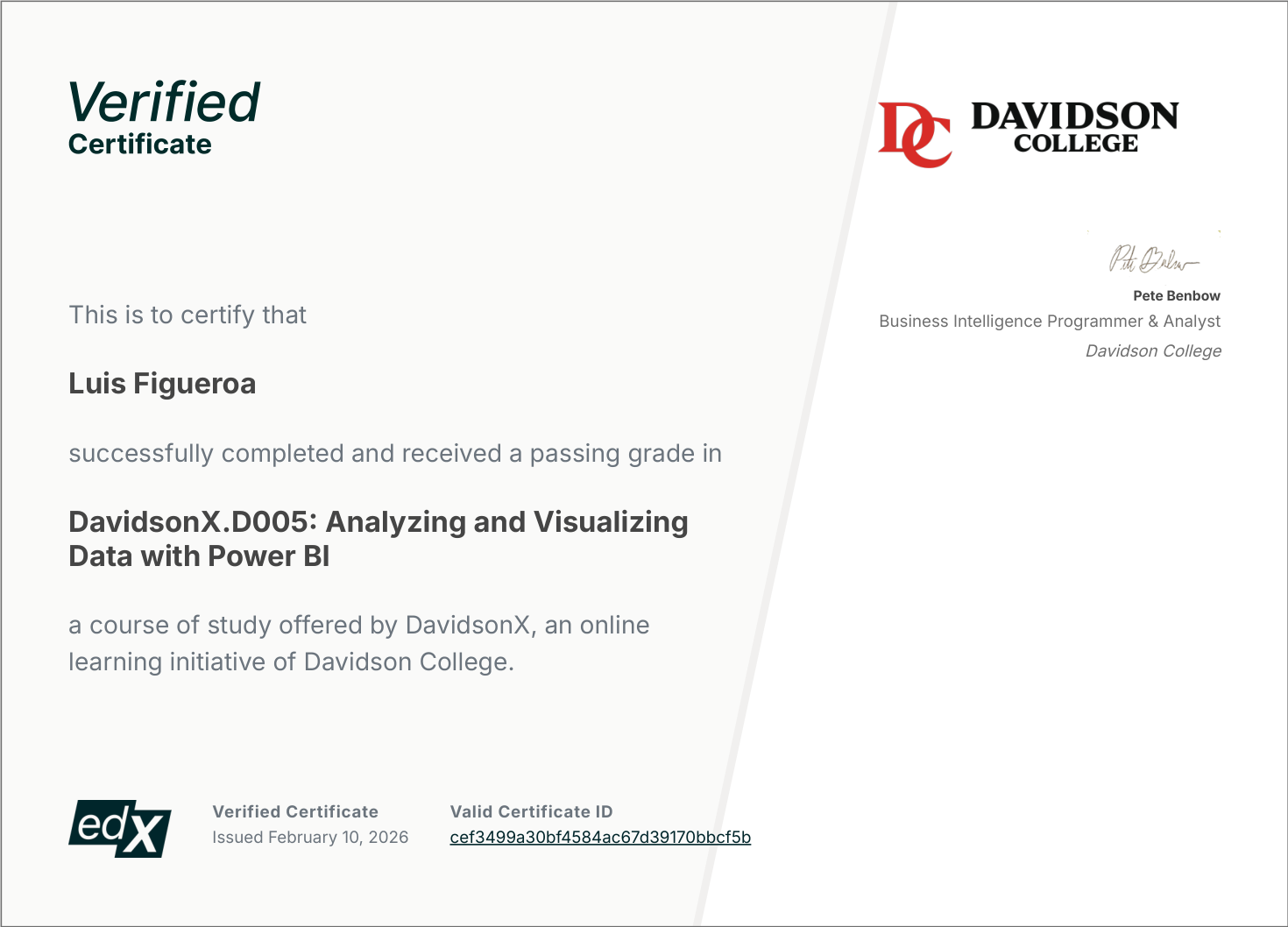 Analyzing and Visualizing Data with Power BI certificate